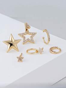 Bộ 6 khuyên tai đính đá Cubic Zirconia hình ngôi sao thanh lịch, thích hợp cho nữ giới đeo đi dự tiệc, lễ hội âm nhạc, phối nhiều lớp hoặc làm quà tặng ngày lễ. - Vàng - Xem 5