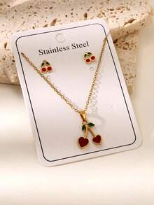 Set de 3 piezas de joyería de cereza dulce para mujer - Pendientes y collar románticos y lindos de moda, accesorios elegantes como regalo - Conjunto de collar y pendientes de cereza - Ver 14