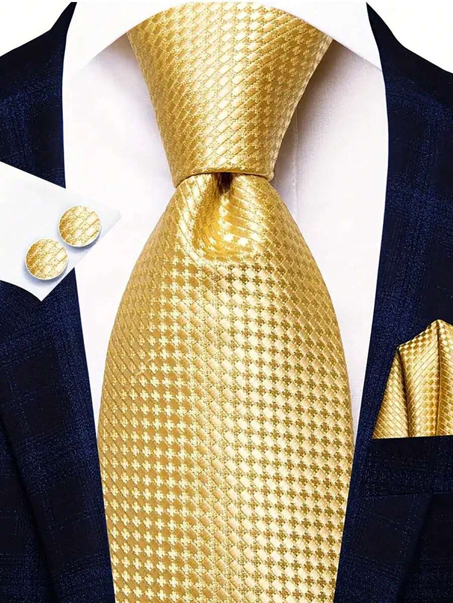 Men Tie Sets Classic Fashion Necktie Set With Cufflink For Business Party - Gold - View 1