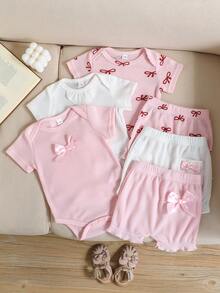 Bộ áo liền quần và quần short dễ thương cho bé gái sơ sinh, phối nhiều màu sắc, trang phục mặc hàng ngày cho bé tập bò, mùa hè. - Hồng - Xem 1