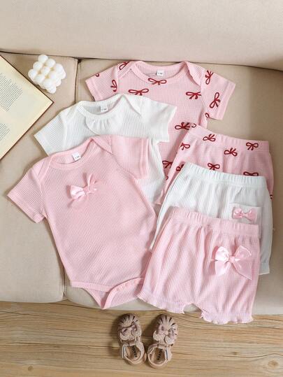 新生女宝宝可爱蝴蝶结连体衣短裤套装，多色组合，日常爬行服，夏季