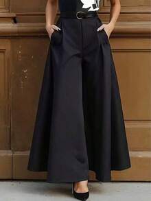 Women's Solid Color Pleated Pocket Wide Leg Loose Casual Pants Black Spring - 白色 - 查看 1