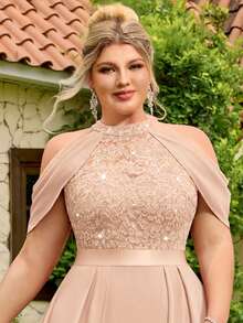 MISSMAY Plus Halter Neck Sequin Floral Lace Cutout Shoulder Cape Sleeve Contrast Chiffon Pleated Hem Formal Party Dress Prom Wedding Guest Gown, For Graduation, Dinner - 香檳色 - 查看 7