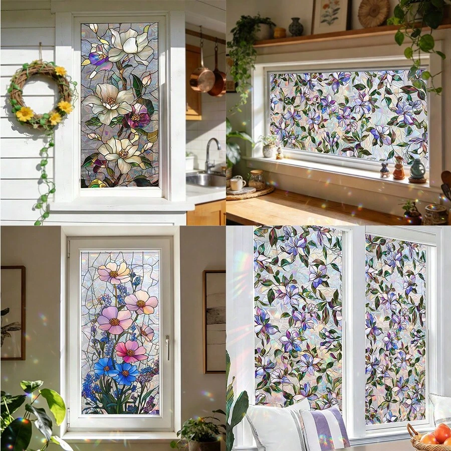 1/3pcs Classic Floral Static Cling Colored Glass Film. Violet, Magnolia Patterns. Removable Waterproof PVC Material. Privacy Protection Design. Suitable For Living Room, Bedroom, Bathroom Home Decor.