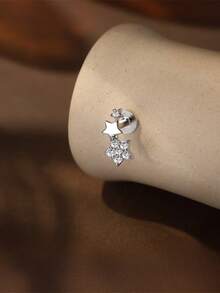 EleRunis 1PC 0.1ct Moissanite Diamond 925 Sterling Silver Star 18K Gold Plated Flat Back Cartilage Helix Threaded Piercing Fine Jewelry For Daily Wear Wedding Party Engagement Anniversary Valentine's Day - Silver - View 7