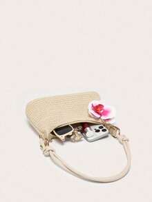 Women's Underarm Shoulder Bag, Square Bag, PU Rope Flower Pendant, Large Capacity, Lightweight, Casual Fashionable Beach Vacation Style, Suitable For Shopping And Vacation , Beach Bag, Holiday, Straw Bag - 卡其色 - 查看 3