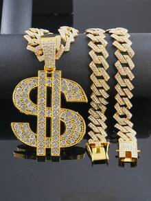 1 Set Dollar Sign Fully Paved Pendant 15mm Rhombus Cuban Link Necklace & Bracelet, Men's Red Dial Watch, Hip Hop Style Accessories Set For Men - Red - View 17