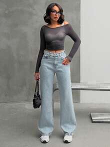 REVERSE LEG FRAGRANT EMBROIDERED WIDE LEG JEANS - Light Wash - View 2