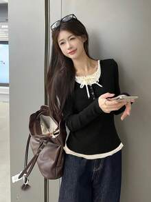女款綁帶式 2 合 1 T恤，荷葉邊圓領修身顯瘦上衣，秋冬款 - 黑色 - 查看 4