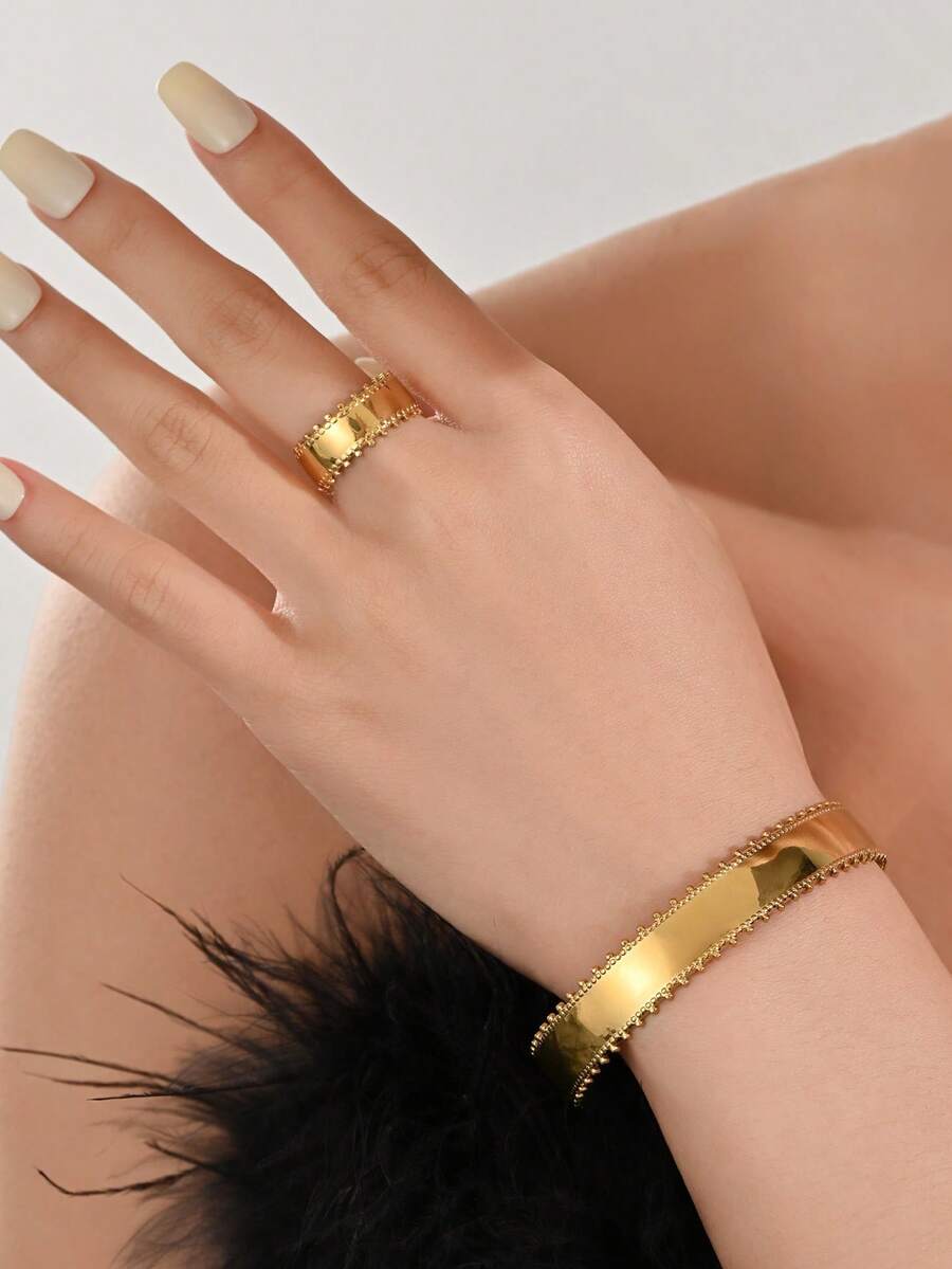 2pcs/Set 18K Gold Plated Stainless Steel Water Drop Bracelet & Ring Set, Women Jewelry, Wedding Party, Dating Gift - Yellow Gold - View 1