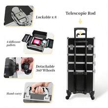 Luminpool 4 In 1 Beauty Case Rolling Cosmetics Organiser Makeup Vanity Case Lockable Hairdressing Trolley Black - 黑色 - 查看 6