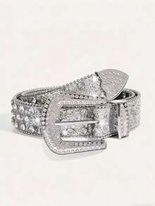 1pc Men's Heavy Duty Rhinestone Belt Suitable For Party - Silver - View 1