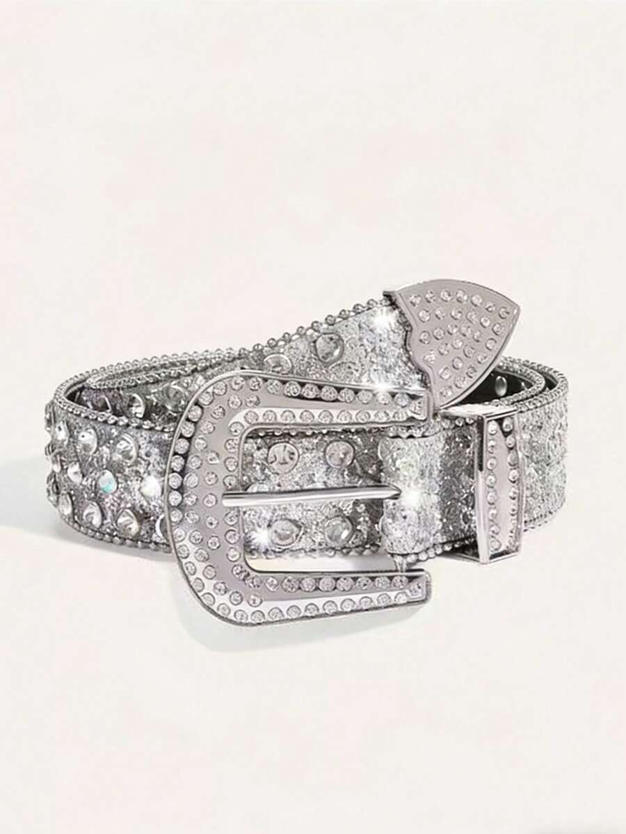 1pc Men's Heavy Duty Rhinestone Belt Suitable For Party - Silver - View 1