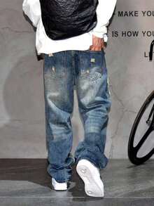 Vintage American Streetwear Style Distressed Patch Loose Fit Wide Leg Jeans, Relaxed Straight Cut Denim Pants For Men - 中等水洗 - 查看 3