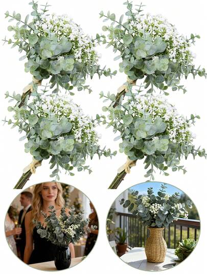 12件套人造花套装，包括仿真尤加利叶花束、白色满天星花束，触感逼真，适用于婚礼花艺布置、派对家居装饰、花卉布置、婚礼装饰以及花园装饰、婚礼装饰和母亲节等场合。