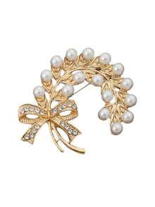 Elegant Fashion Exquisite Cubic Zirconia Faux Pearl Golden Ear Of Wheat Bow Brooch Scarf Suit Coat Dress Headscarf Accessory Daily Vacation Gift - Bow - View 7