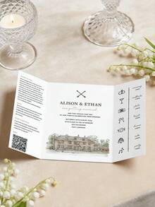 客製化三折式婚禮邀請函，含自訂照片、時間軸與 RSVP QR Code，優雅手繪場地設計，可自訂照片與文字的婚禮文具 - 彩色 - 查看 2