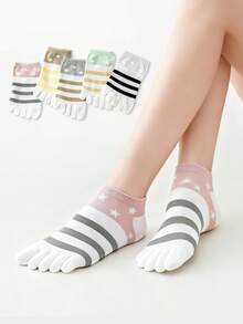 1/2/3/5 Pairs Women Colorful Striped Star Pattern Toe Separator Comfortable Casual Five Finger Socks - Multicolor - View 1