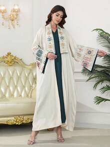 Bộ Abaya truyền thống thêu hạt cườm bạc sang trọng kiểu mới năm 2026 dành cho tháng Ramadan, kèm áo khoác ngoài, thiết kế không tay với cổ tay xẻ, thời trang và cao cấp. - Màu be - Xem 9