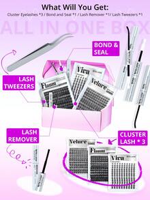 RITALASH 408片装假睫毛簇，VIVA/FLAUNT/VELURE 8-18mm DIY浓密型假睫毛嫁接套装，热门必备单品，包含睫毛粘合剂和封层剂、卸妆液、睫毛镊子 - 黑色 - 查看 3