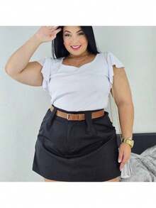 Short Skirt Plus Size Tailored With Belt Various Colors Summer - Black - View 4