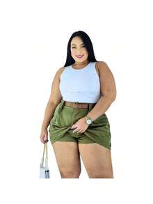 Short Skirt Plus Size Tailored With Belt Various Colors Summer - Verde Oscuro - Ver 4