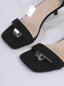 Summer French Style Mini Heeled Sandals, Square Toe Strap Design, Versatile Commuting & Dating Women Shoes - Black Back - View 8