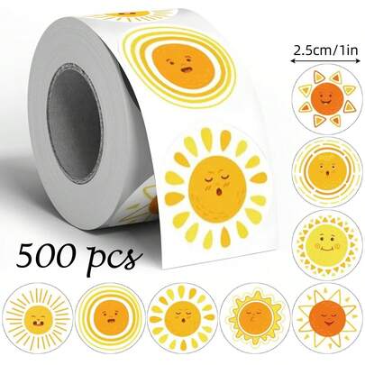 500pcs Cartoon Sunshine Face Sticker Pack, 1 Inch Round 8 Designs, Yellow, Envelope, Magazine, Phone Case, Water Cup, Computer Helmet, Scrapbook DIY Decor, Holiday Party Gift Wrapping, PVC Waterproof Sticker