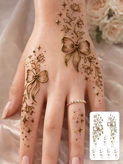 1 pieza Tatuaje temporal de henna dorada con lazo a la moda, resistente al agua, con patrones florales, de estrella y suaves, adecuado para personas