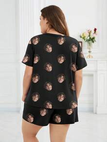 Printstory Customized Plus Size Women's Short Sleeve Pajama Set, Customizable With Any Pattern, Suitable As A Gift For Family, Friends Or Holiday Party - Black - View 2