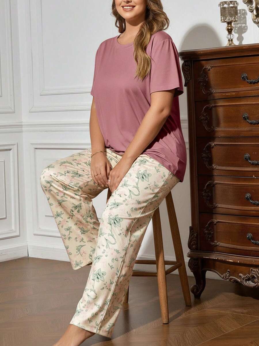 Conjunto de Pijama Casual de 2 Peças com Top de Manga Curta Floral Miúda e Calça Longa para Mulheres Plus Size, Leve e Confortável para Primavera/Verão - Multicolorido - Visão 1