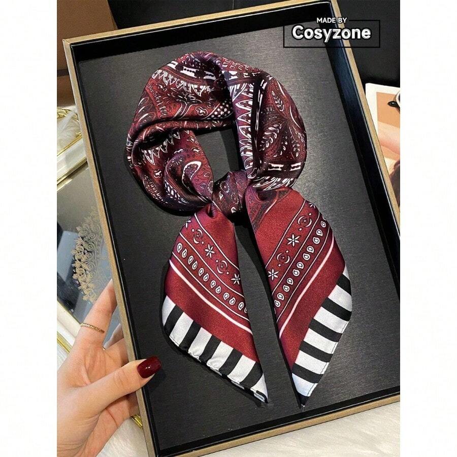 1pc Paisley Floral Print Faux Silk 70cm Square Women Scarf/Bandana Versatile Neck Scarf Head Wrap For Sun Protection For Dress - Màu Đỏ Sâu - Xem 1