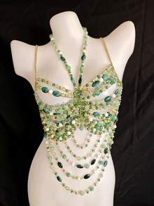 Bộ bikini chiffon mới mùa Xuân/Hè 2026, dây đeo thân unisex, phụ kiện áo ngực gợi cảm cho hộp đêm, lễ hội âm nhạc, bikini in hoa hình thoi bóng bẩy lãng mạn, bãi biển, khu nghỉ dưỡng, hộp đêm, lễ hội âm nhạc, tiệc tùng. - màu xanh lá - Xem 16