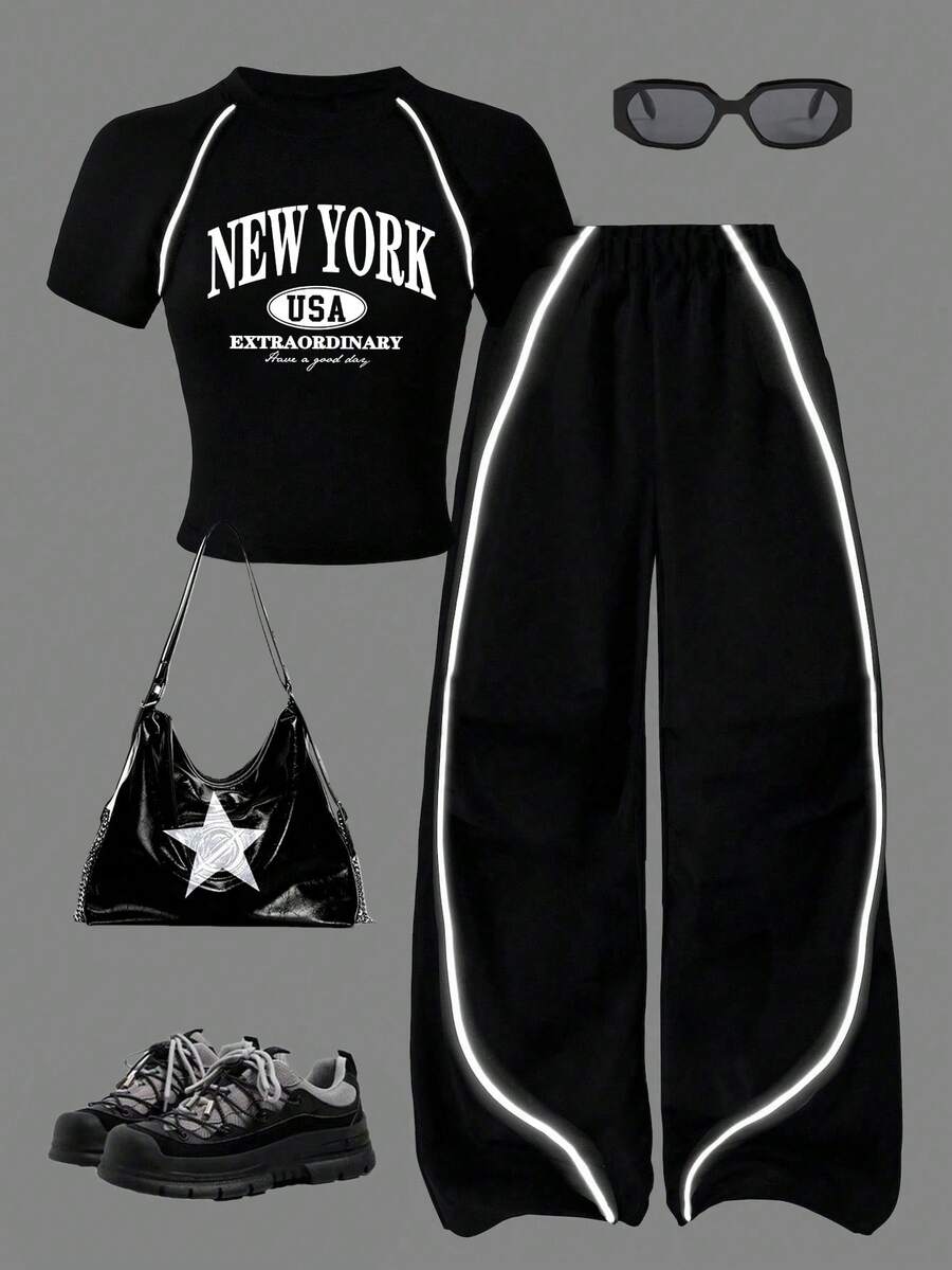 少女卡通印花短袖上衣和裤子套装 - 黑色 - 查看 1