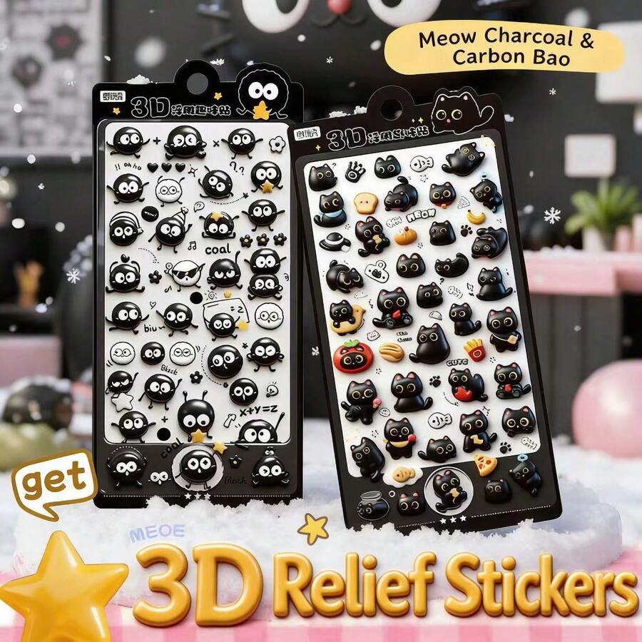 1pc 3D Embossed Black Carbon Sticker (Customizable Styles) Cute Black Coal Baby & Black Meow Kitten Sticker With Holographic Details (Black Theme) Sticker, Cartoon Candy Sticker, Glossy Waterproof Adhesive Sticker, Dopamine Girl Planner DIY Phone Case Decor Sticker, Suitable For Back To School, Birthday Party And Spring/Summer Crafts | Adorable Stationery Sticker For Kids, Teens And Girls - Multicolor - View 1