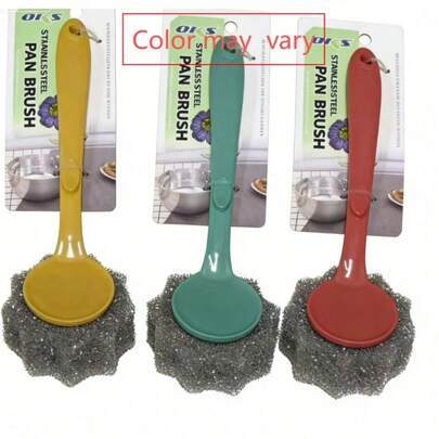 OKS 1pc Stainless Steel Long Handle Pot Brush, Multi-Functional Cleaning Tool For Kitchen (3 Color Options - Color May Vary)