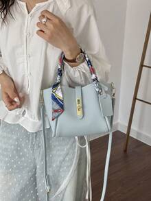 2pcs Spring New Fashion PU Leather Lizard Pattern 2-Piece Bag Set, Minimalist Chic Commuter Handbag With Scarf Decor, Suitable For Women And Girls, Essential For Work - Baby Blue - View 10