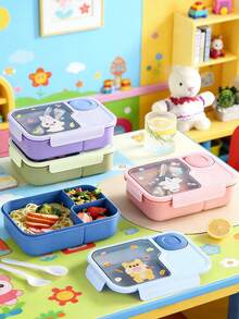 1pc New Cute Cartoon Compartment Bento Box With Utensils And Dipping Sauce Cups, 3 Divided Leak-Proof Plastic Lunch Box, Microwave , Picnic Box With Cartoon Pattern - Multicolor - View 3