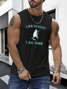 1PC Men's Vest With "LIFE IS SOUP I AM FORK" Print Design, 180g Pure Cotton Vest, Seamless, Sweat-Wicking, 100% Cotton, Loose American-Style Tank Top For Sports And Fitness. - 黑色 - 查看 1