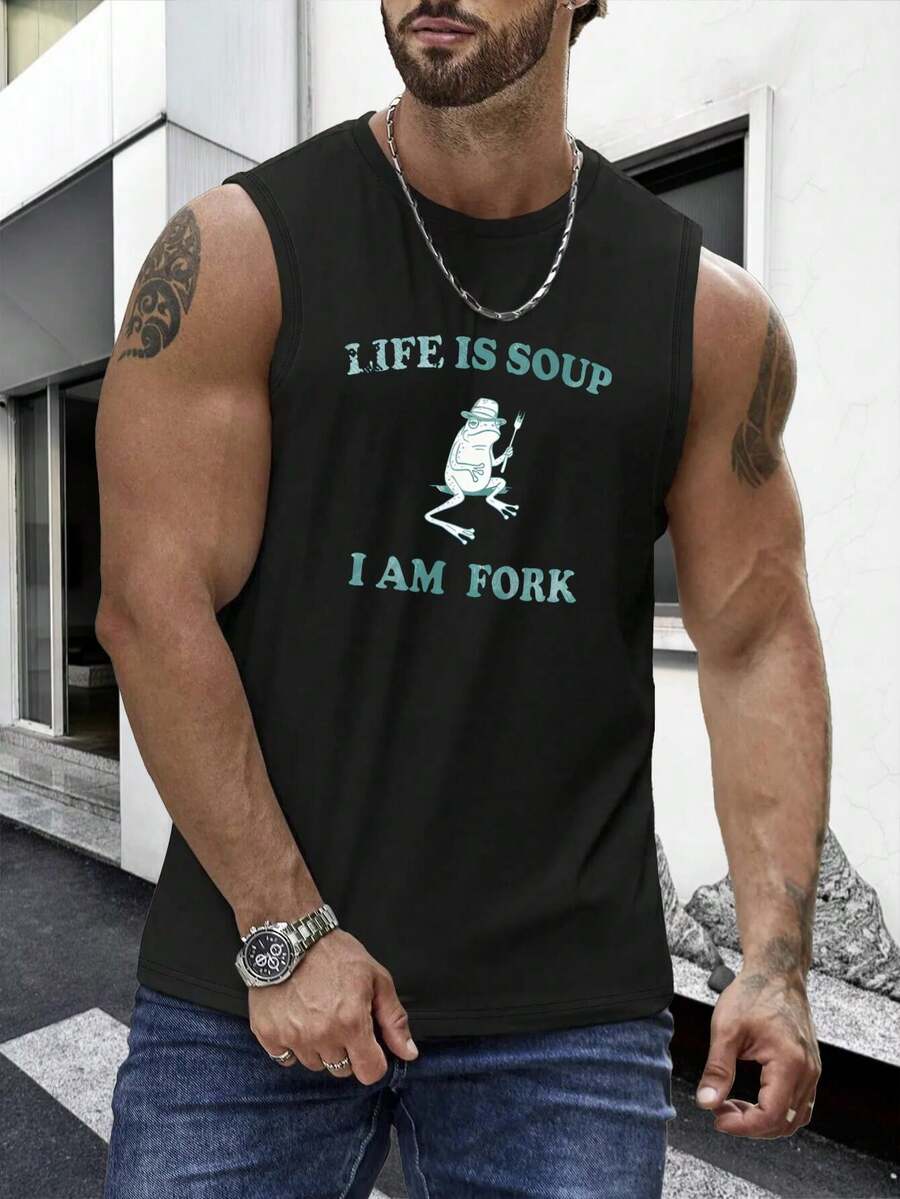 1PC Men's Vest With "LIFE IS SOUP I AM FORK" Print Design, 180g Pure Cotton Vest, Seamless, Sweat-Wicking, 100% Cotton, Loose American-Style Tank Top For Sports And Fitness. - 黑色 - 查看 1