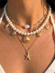 3件套夸张仿珍珠海星贝壳多层项链套装，适合女性日常、派对、度假、约会、生日礼物 - 金黃色 - 查看 3