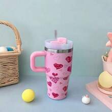600ml Thermal Mug With Handle, Lid And Straw – Flower Print 1866-600ml - hồng - Xem 6