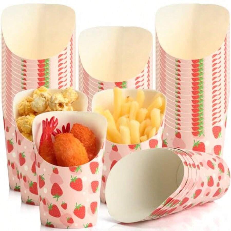 Honeydak - Juego de 100 tazas desechables de fresa y papas fritas de 14 onzas para embutidos para llevar con papel de fresa para verano boda cumpleaños fiesta decoración de comida para llevar - Rosa - Ver 1