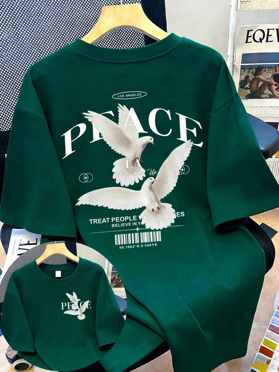 Women's Casual Loose Pigeon Print Short Sleeve T-Shirt Summer - Green - View 1