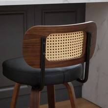 Set Of 3 Bar Stools At Counter Height – 66 Cm High Rattan Counter Stools With Woven Backrest, Upholstered Seat, Walnut Wood Finish, Swivel Counter Stools For Kitchen Island/Counter - Black - View 9