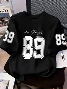 2026 New Women's Short Sleeve T-Shirt - Round Neck Casual Top, Printed With "Los Angeles" And "89" Letter Fashion Design, Non-Sheer, Suitable For Spring, Summer, Autumn, Machine Washable, Layering Piece, Vacation Wear Black - Black - View 1