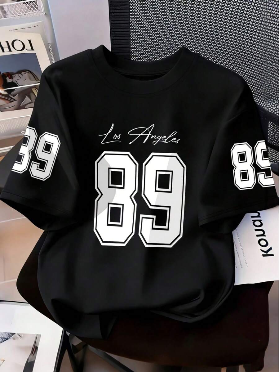 2026 New Women's Short Sleeve T-Shirt - Round Neck Casual Top, Printed With "Los Angeles" And "89" Letter Fashion Design, Non-Sheer, Suitable For Spring, Summer, Autumn, Machine Washable, Layering Piece, Vacation Wear Black - Black - View 1