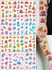 Glitter Temporary Tattoo Stickers, 12 Sheets Of Cartoon Marine Life Series, 150 Cute Dolphins, Sharks, Jellyfish, Starfish, Octopus, Crab, Fish, Ocean Elements Patterns, Body And Arm Art Makeup Tattoo Stickers, Waterproof And Lasts 2-5 Days - Multicolor - View 4