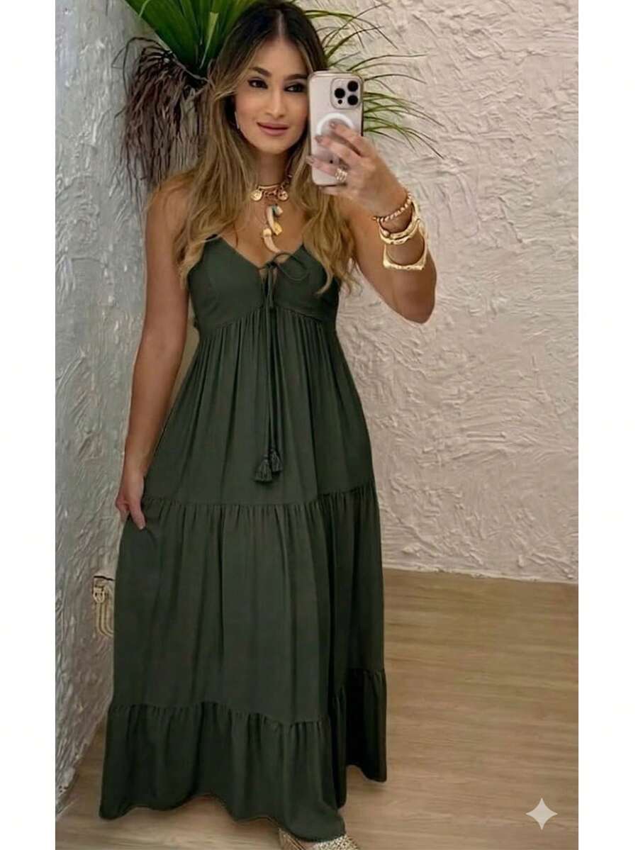 Women's Long Dress, Flowing Style, Thin Straps, V-Neck With Front Tie, Elastic Back - Fits Sizes 36 To 42. - 軍綠色 - 查看 1
