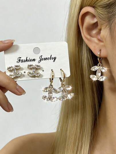 两对18K镀金CC款耳环，闪亮珍珠吊坠耳环，低过敏性时尚饰品，适合日常佩戴和派对场合